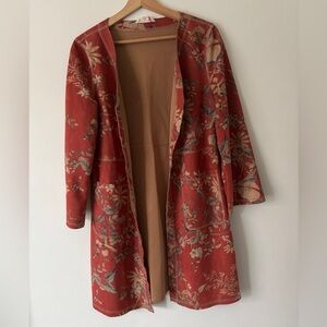 Solitaire Red and Brown Floral Trim Open Cardigan